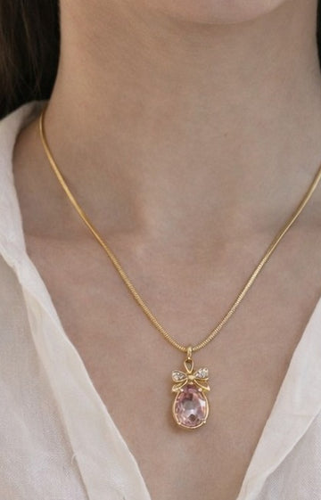 Pink Quartz Anti-tarnish Bow Pendant