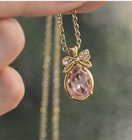 Pink Quartz Anti-tarnish Bow Pendant